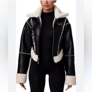 naked wardrobe Black Faux Leather Shearling Jacket with Cream Trim